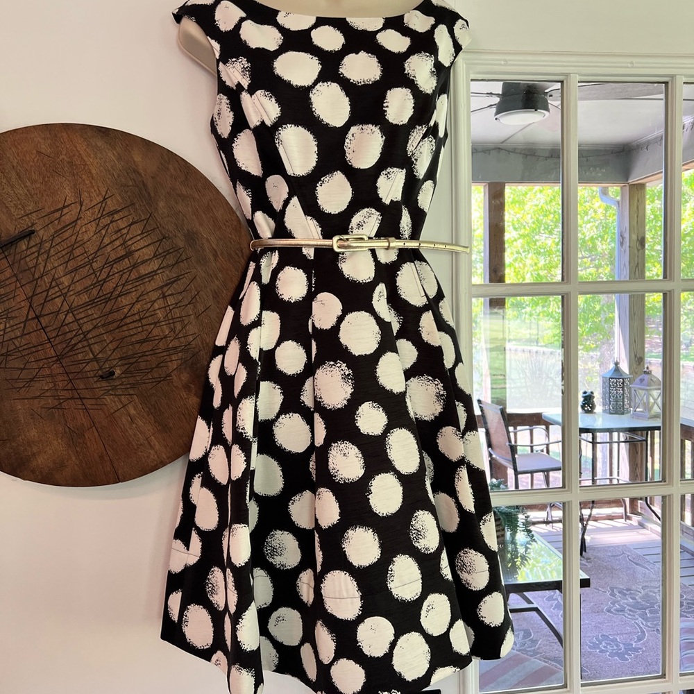 Eliza J. Black and Cream/White polkadot dress with pockets.